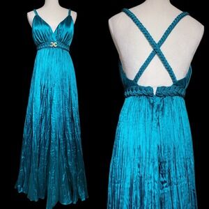 Satin Pleated Grecian Empire Waist Goddess Maxi Dress Formal Gown Brooch Small